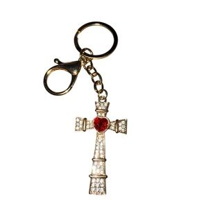 Red Cross Keychain with Clear Rhinestones in Gold Tone